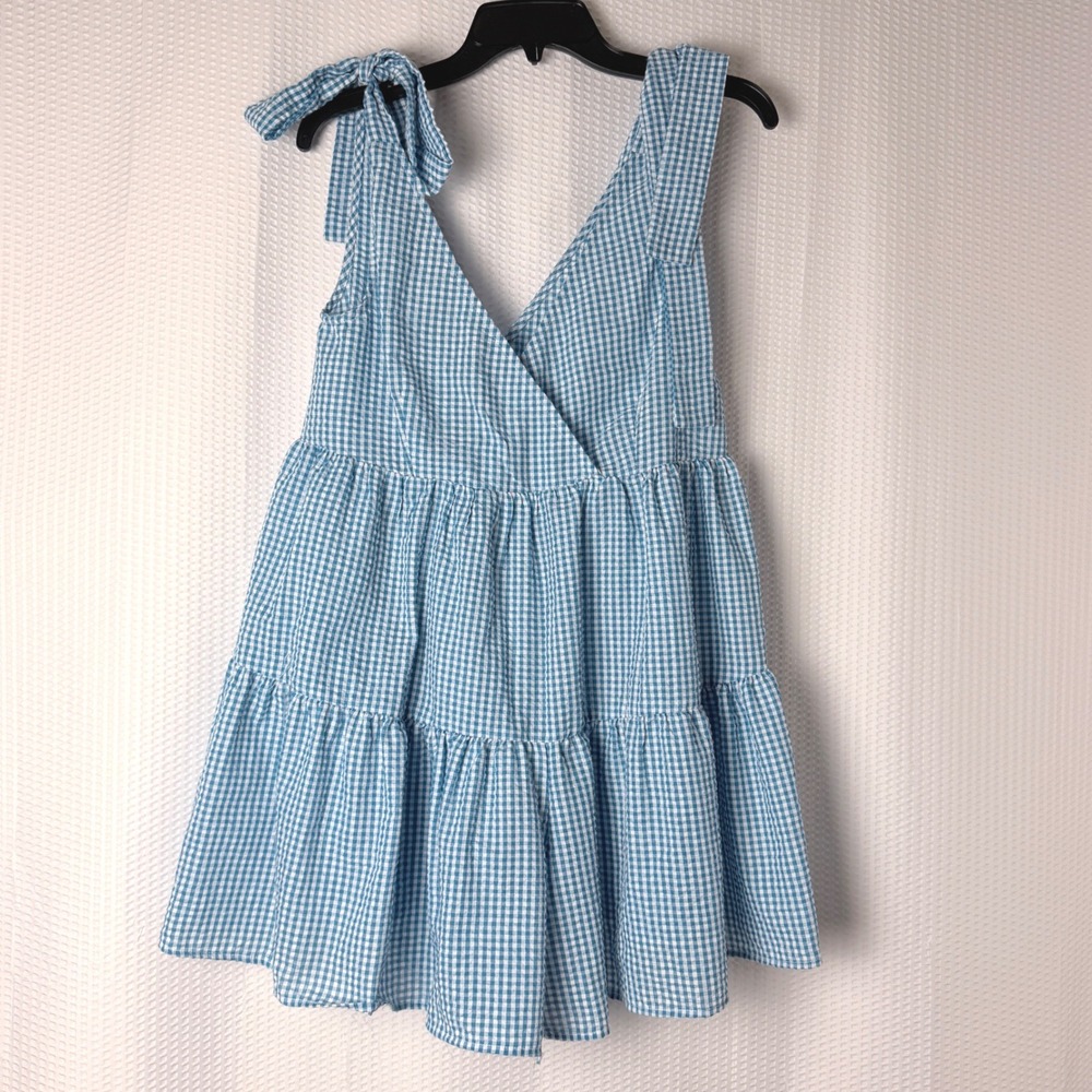 Day + Moon Romper Women Small Blue Gingham Tie Shoulder Tiered Babydoll Chic